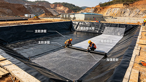 稀土礦滲濾液處理調(diào)節(jié)池采用 “HDPE 土工膜＋復(fù)合排水網(wǎng)” 防滲導(dǎo)排系統(tǒng)