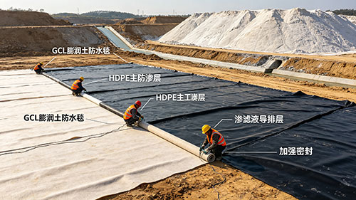 磷石膏堆場防滲治理采用 “GCL＋HDPE 土工膜＋滲濾液導排” 多層體系
